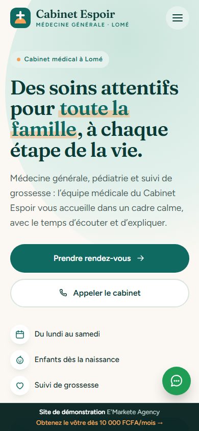Site de démonstration du Cabinet Espoir, affiché sur téléphone