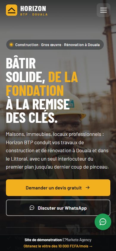Site de démonstration de l'entreprise Horizon BTP, affiché sur téléphone