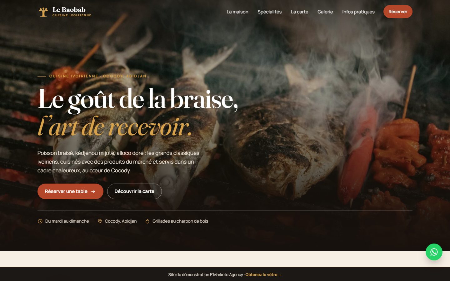 Aperçu du site de démonstration du restaurant Le Baobab