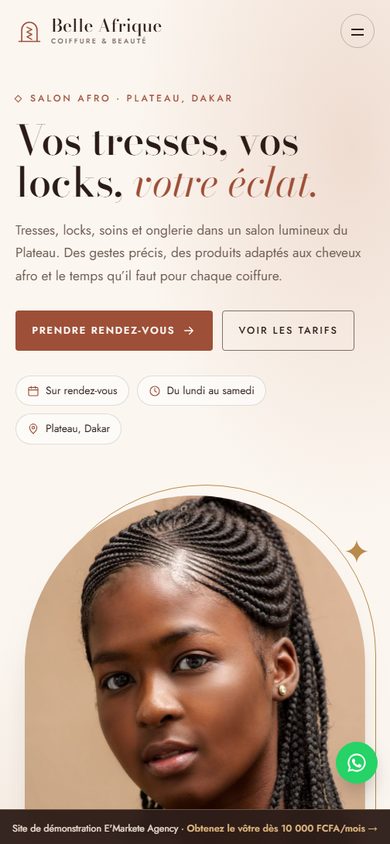 Site de démonstration du salon Belle Afrique, affiché sur téléphone