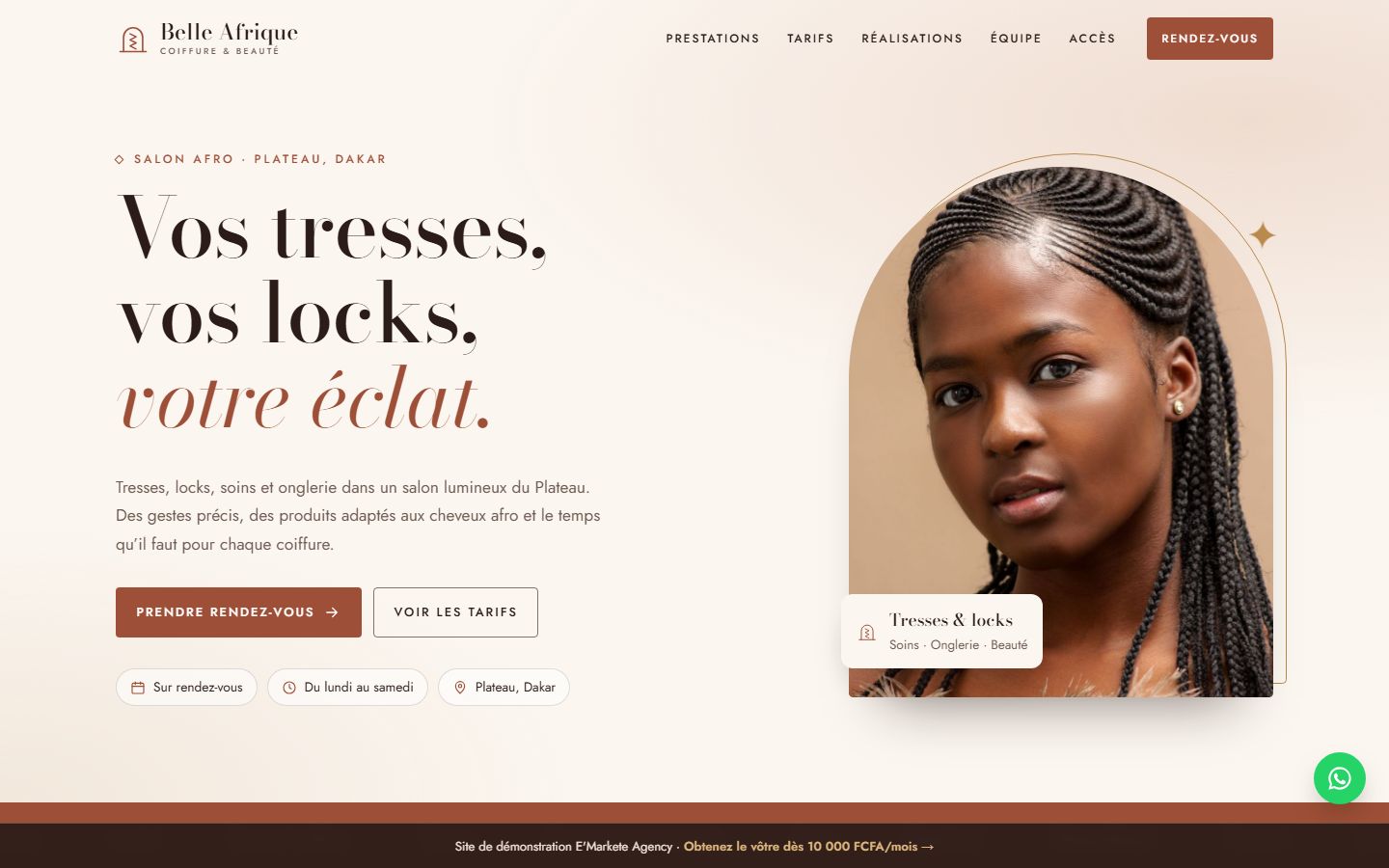 Aperçu du site de démonstration d'un salon de coiffure à Dakar