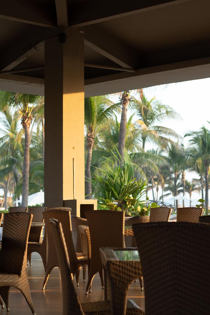 Terrasse de restaurant couverte avec tables et fauteuils en rotin, ouverte sur un jardin de palmiers