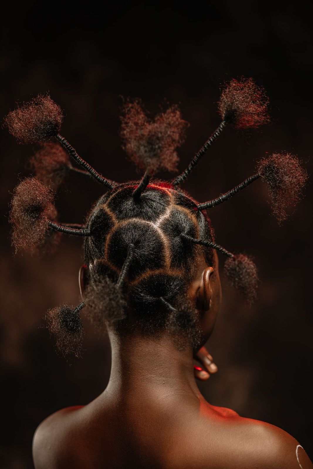 Coiffure vue de dos, cheveux répartis en petites sections nouées au fil